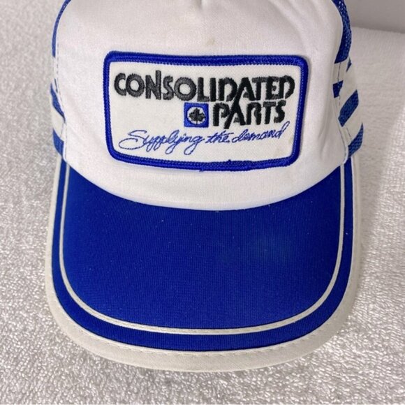 Vintage Blue White Consolidated Parts Mesh Back Snap Back Trucker Hat - Picture 10 of 10